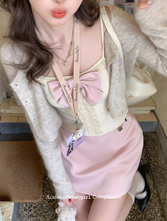 Acaine阿彩呢 蝴蝶結木耳邊內搭吊帶上衣 針織背心新款 奶桃甜心