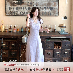 法式 蕾丝收腰连衣裙女夏季 复古气质a字裙子 紫色v领短袖 Acaine长款