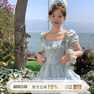 連衣裙女夏季 Acaine中長(zhǎng)款 收腰雪紡短袖 法式 方領(lǐng)小飛袖 復(fù)古裙子
