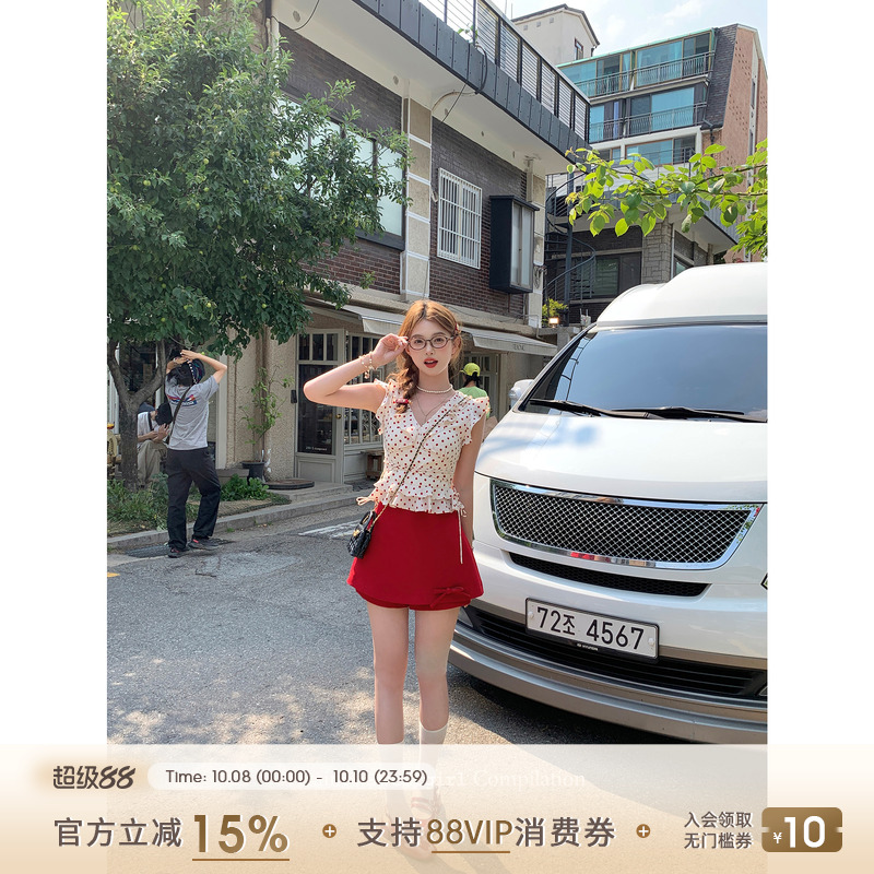 Acaine百利甜酒/红色短款高腰a字半身裙女夏季法式显高显瘦裙子