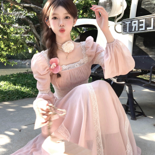 气质裙子 Acaine南法假日 粉色蕾丝方领雪纺长袖 连衣裙女春季 法式