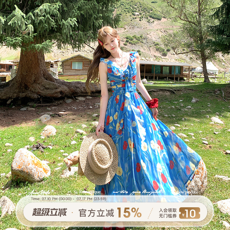 法式浪漫油画印花V领连衣裙