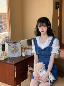 Acaine 珍妮日记/夏日套装白色短袖衬衫蝴蝶结牛仔连衣裙小众设计