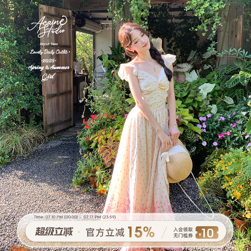 Acaine桃桃香氛/长款方领吊带收腰连衣裙女夏季法式气质波点裙子