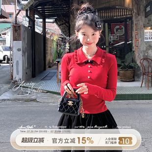 女春季 Acaine韓系甜妹 針織打底衫 法式 紅色長(zhǎng)袖 復(fù)古氣質(zhì)上衣