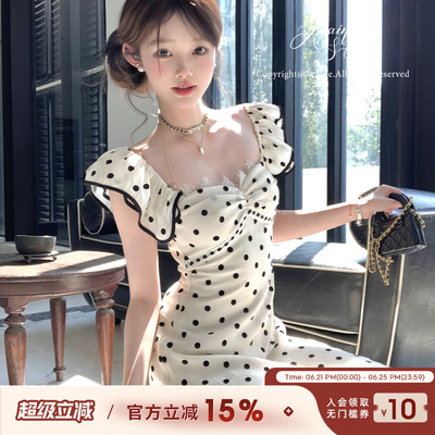 Acaine法式复古天丝波点吊带裙