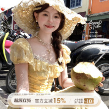 Acaine长款黄色方领泡泡袖蛋糕连衣裙女夏韩系减龄甜美小个子裙子