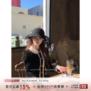 丝绒黑白撞色娃娃领上衣短裤 法式 女秋冬 miu系套装 Acaine黑莓小调