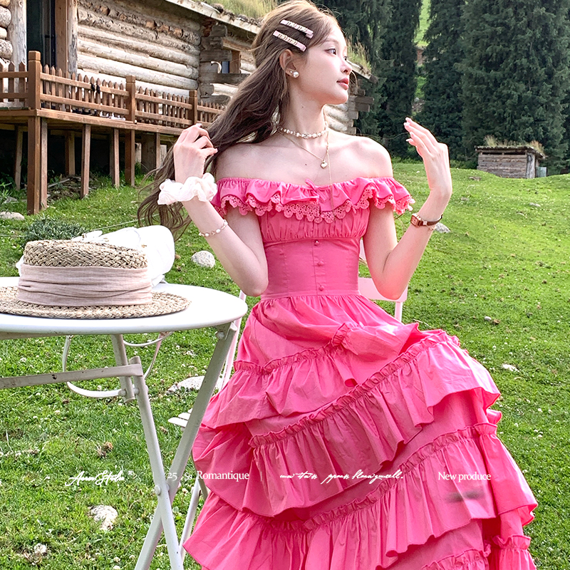Acaine树莓朵朵/粉色长款方领显白收腰蛋糕连衣裙女夏季气质裙子