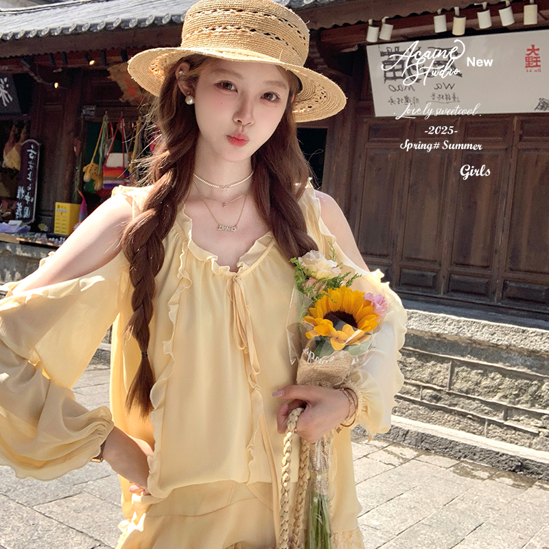Acaine黄色荷叶边长袖防晒上衣a字半身裙套装女夏季度假风两件套