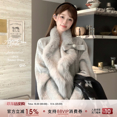 Acaine羊毛双面呢狐狸毛领大衣