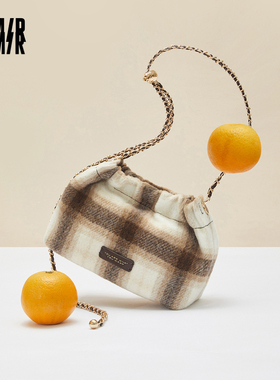 森马包包斜挎包女2024新款撞色格纹单肩包复古仿毛呢云吞包链条包