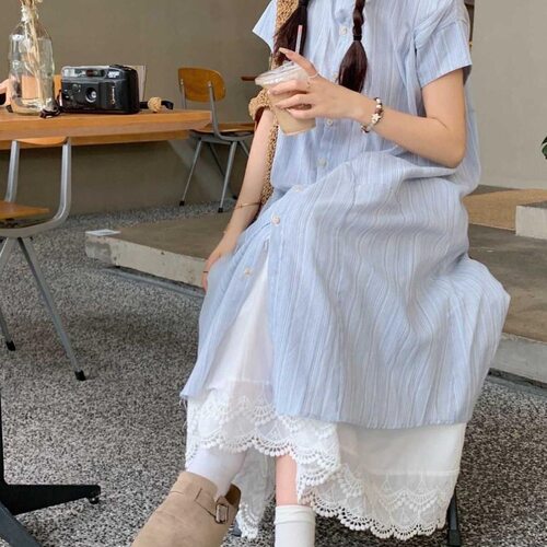 蓝色条纹短袖衬衫连衣裙女夏季