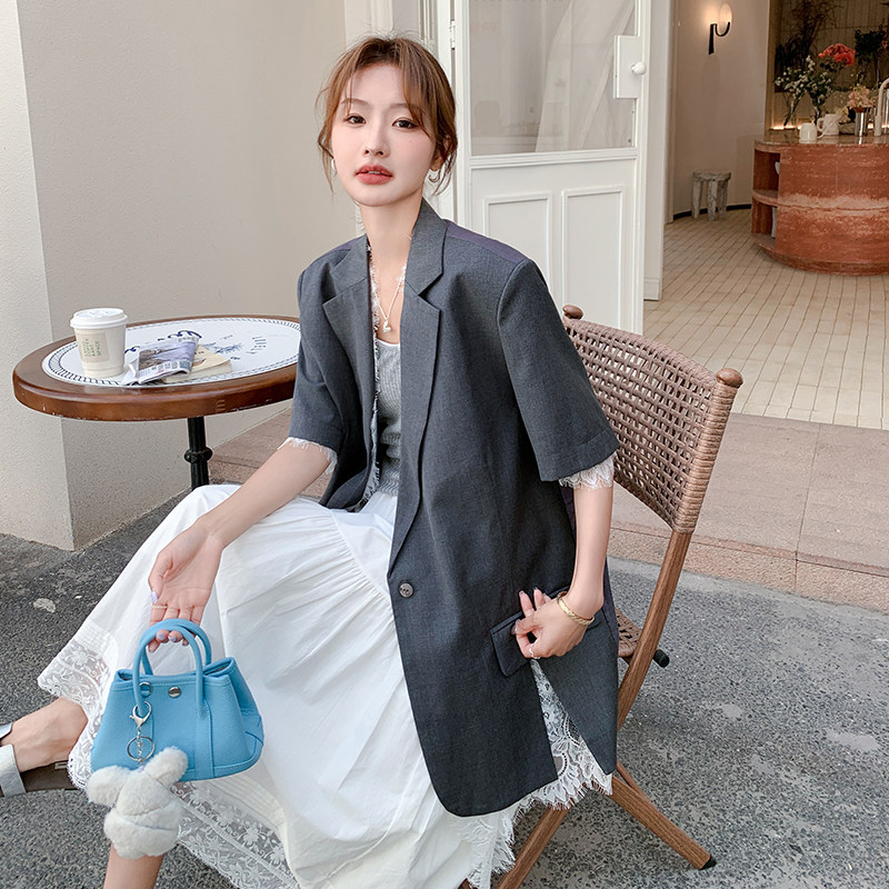 2025夏季新款时尚直筒短袖西装外套女蕾丝拼接设计感小众淡人西服,女装西装,浙宝160