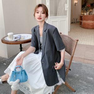2025夏季新款时尚直筒短袖西装外套女蕾丝拼接设计感小众淡人西服图片