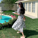 法式减龄碎花白色泡泡袖连衣裙女夏2025新款收腰显瘦气质长裙爆款，女装连衣裙，浙宝160