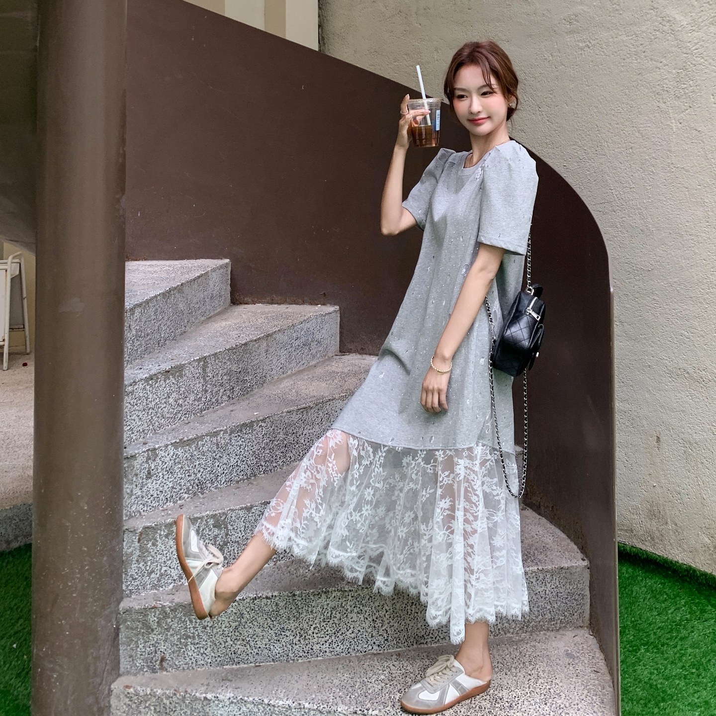 灰色蕾丝拼接连衣裙女2025年夏季新款韩系设计感气质减龄T恤长裙,女装连衣裙,浙宝160