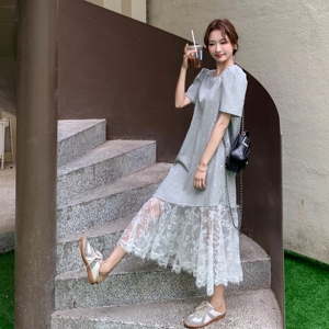 灰色蕾丝拼接连衣裙女2025年夏季新款韩系设计感气质减龄T恤长裙图片
