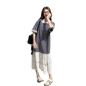 韩版学院风撞色条纹连衣裙女2025夏季新款减龄假两件蕾丝拼接长裙图片