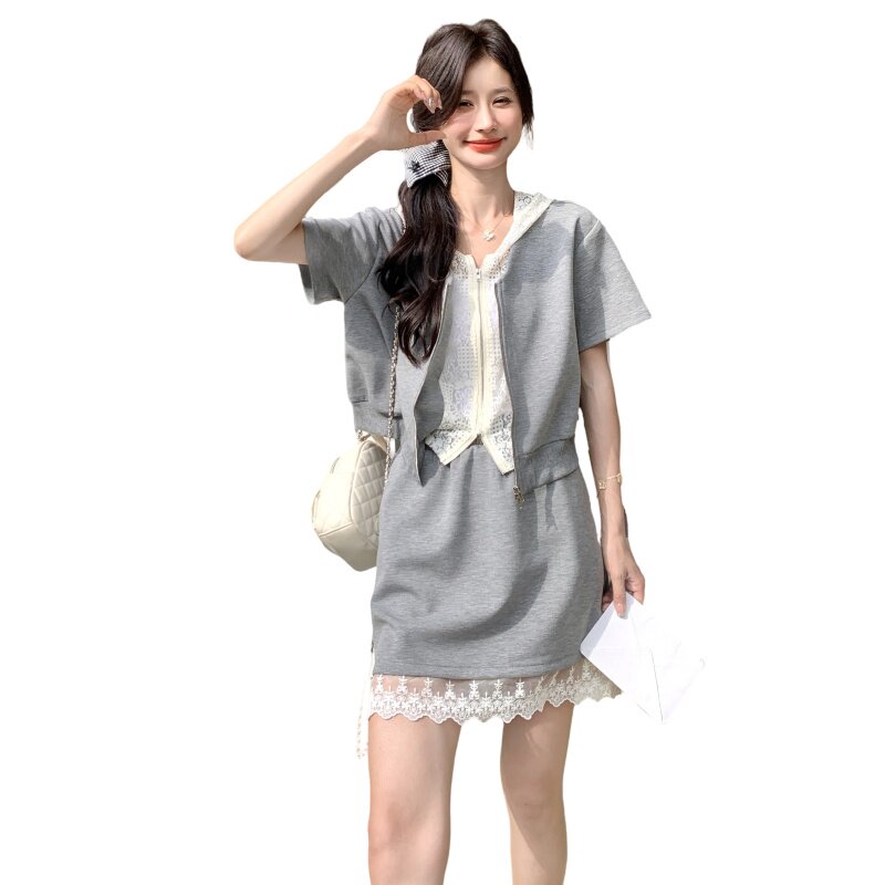 灰色蕾丝拼接套装裙女2025夏季新款休闲运动连帽上衣半身裙两件套,女装套装/套裙,浙宝160