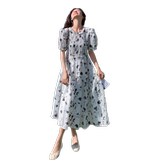 法式减龄碎花白色泡泡袖连衣裙女夏2025新款收腰显瘦气质长裙爆款，女装连衣裙，浙宝160