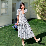 法式减龄碎花白色泡泡袖连衣裙女夏2025新款收腰显瘦气质长裙爆款，女装连衣裙，浙宝160