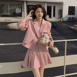 粉色西装套装女2025年春秋新款学院风高级感小个子JK百褶裙两件套，女装套装/套裙，浙宝160