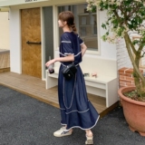 深蓝色小香风套装裙女2025超火盐系轻熟穿搭蕾丝拼接半身裙两件套，女装套装/套裙，浙宝160