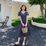 法式波西米亚度假连衣裙女2025夏季新款泡泡袖复古高级感收腰长裙，女装连衣裙，浙宝160