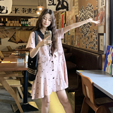 粉色温柔风时尚法式短裙女夏新款显瘦短袖学院风减龄蝴蝶结连衣裙，女装连衣裙，浙宝160