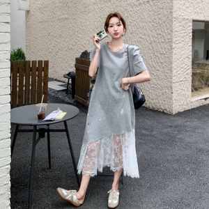 灰色蕾丝拼接连衣裙女2025年夏季新款韩系设计感气质减龄T恤长裙图片