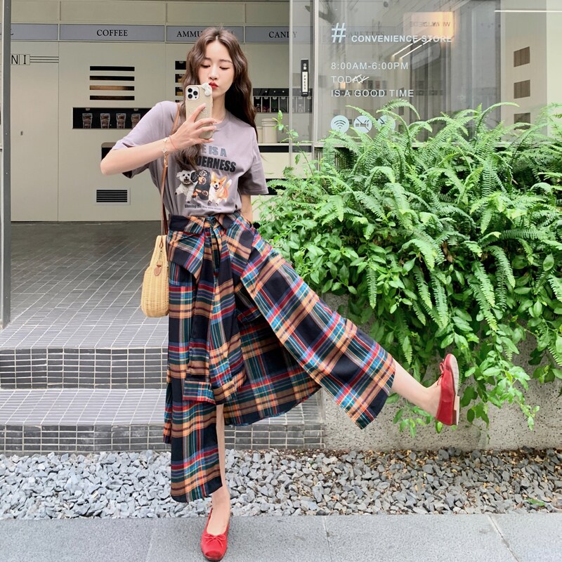 休闲卡通T恤格纹半裙套装女夏2025新款学院风大方得体穿搭两件套,女装连衣裙,浙宝160