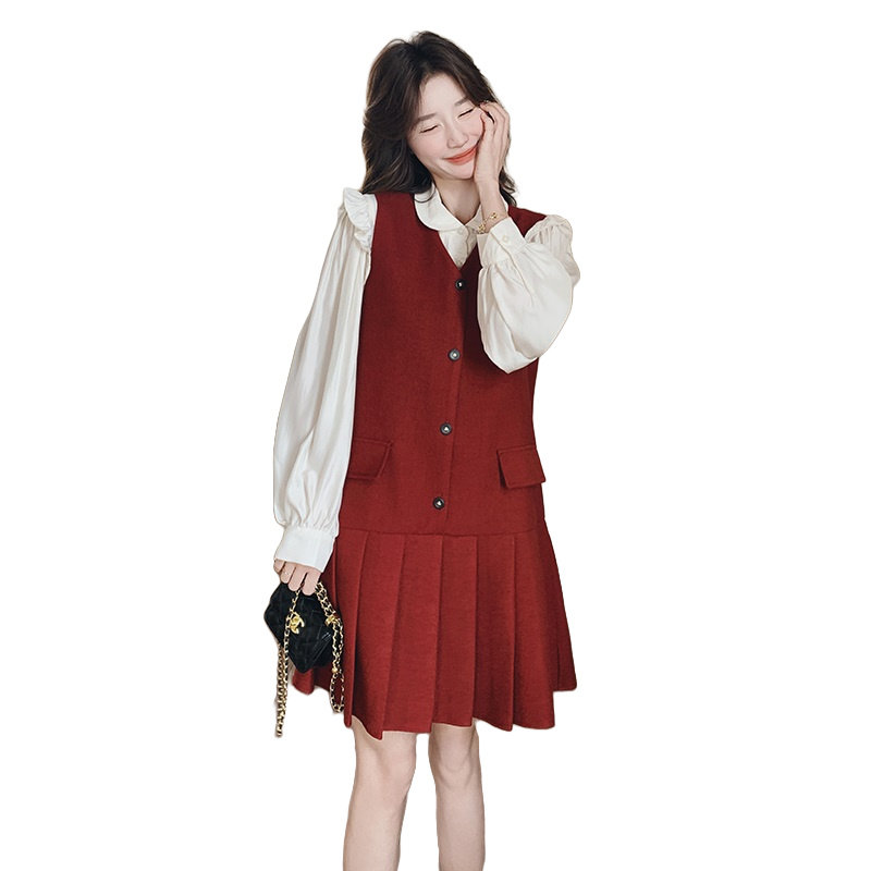 红色小香风连衣裙套装女2025春季新款超好看减龄衬衫背心裙两件套,女装套装/套裙,浙宝160
