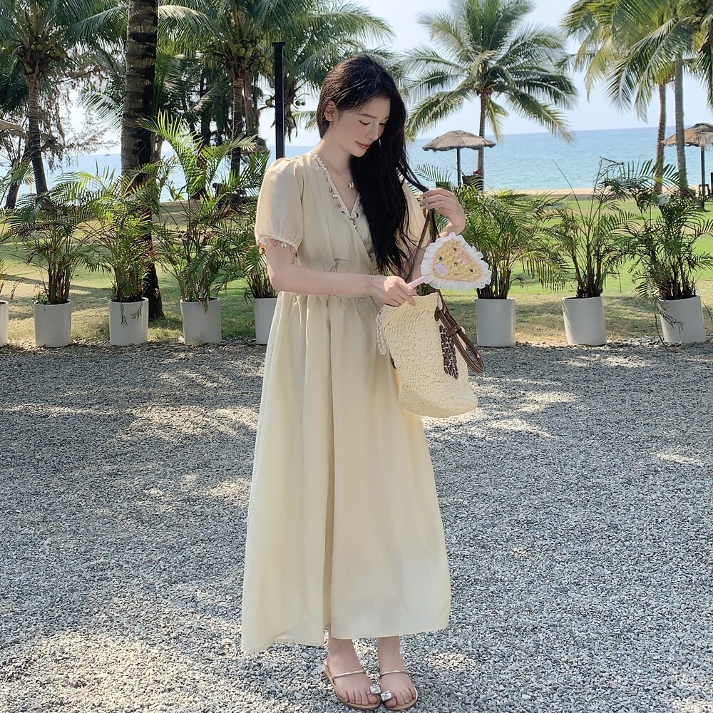 高级感V领长裙2025年夏季时尚气质优雅显瘦纯色中长款连衣裙女,女装连衣裙,浙宝160