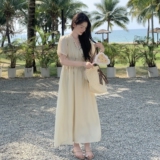 高级感V领长裙2025年夏季时尚气质优雅显瘦纯色中长款连衣裙女，女装连衣裙，浙宝160