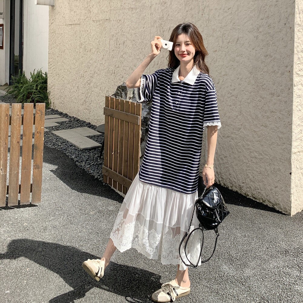 韩版学院风撞色条纹连衣裙女2025夏季新款减龄假两件蕾丝拼接长裙,女装连衣裙,浙宝160