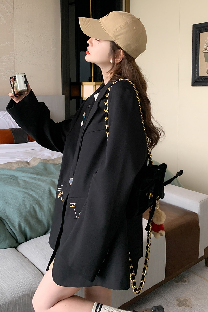 黑色感高级气质女神范西装外套女春季新款宽松刺绣休闲小西服上衣,女装,浙宝160