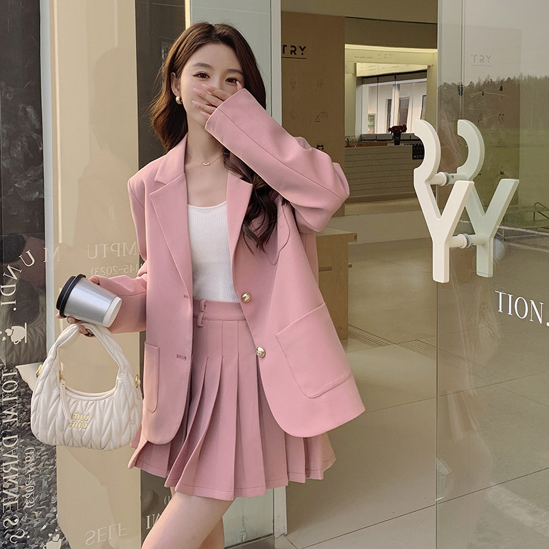温柔风穿搭粉色西装套装女春秋2025新款职业西服配百褶短裙两件套,女装套装/套裙,浙宝160