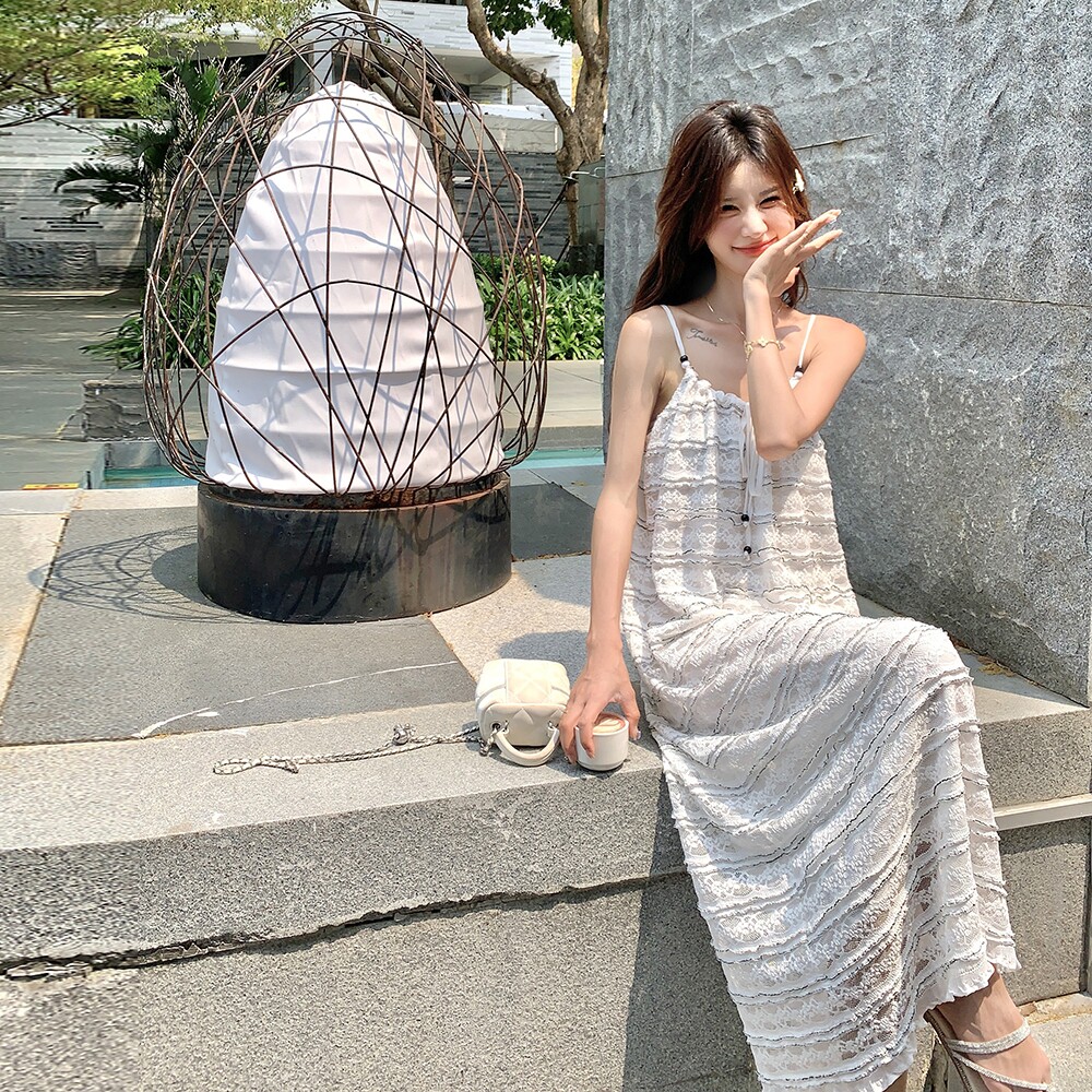 法式气质蕾丝吊带连衣裙女2025夏季新款高级感收腰显瘦度假风长裙,女装连衣裙,浙宝160
