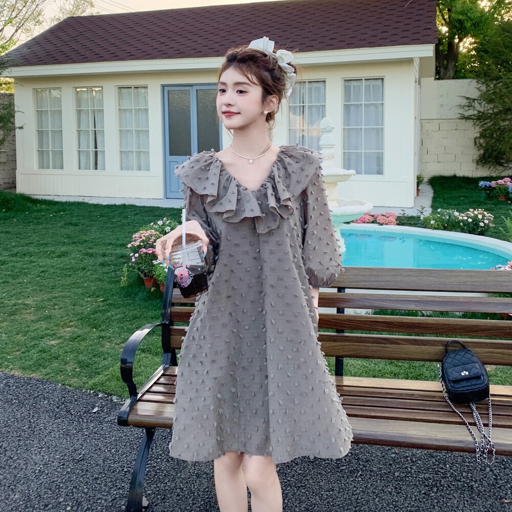灰色荷叶边拼接连衣裙女2025夏季新款法式设计感小个子减龄a字裙,女装连衣裙,浙宝160