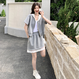 灰色蕾丝拼接套装裙女2025夏季新款休闲运动连帽上衣半身裙两件套，女装套装/套裙，浙宝160