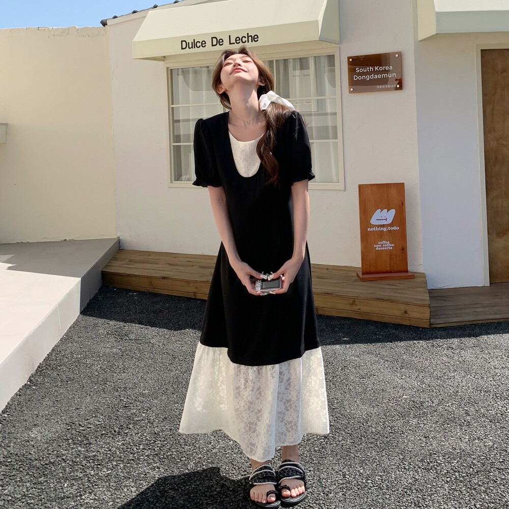 法式蕾丝拼接假两件连衣裙女夏季2025新款流行超火高级感气质长裙图片
