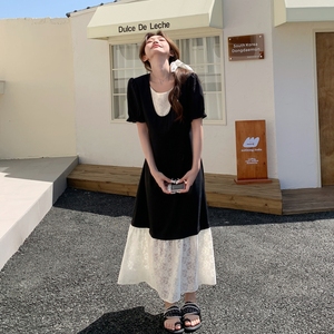 法式蕾丝拼接假两件连衣裙女夏季2025新款流行超火高级感气质长裙图片
