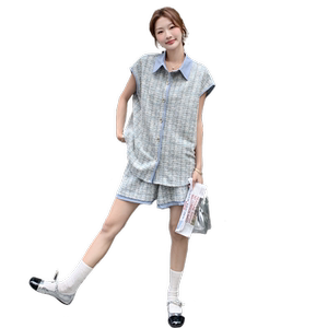 蓝色小香风衬衫短裤套装女夏2025新款两件套高级感轻熟风大方得体图片