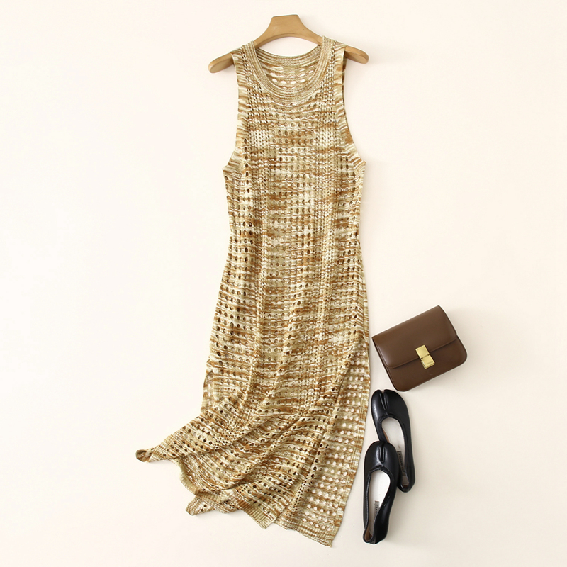 无袖针织裙女韩版圆领镂空防晒罩衫中长款套头甜美勾花背心连衣裙