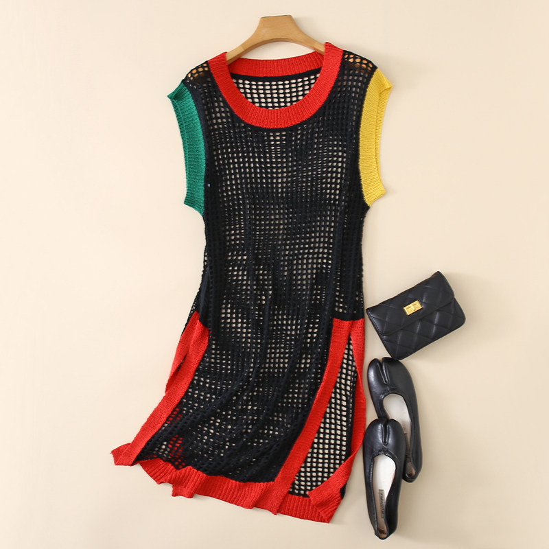 新款拼色圆领针织镂空短袖罩衫中长款女宽松大码胖mm套头防晒上衣