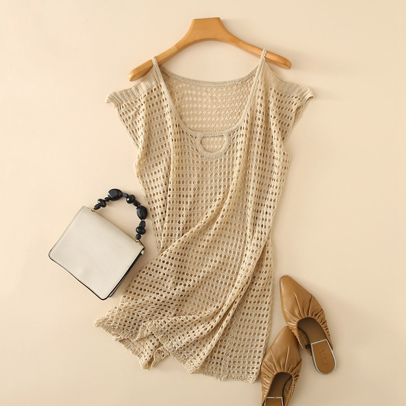 时尚新款宽松大码显瘦镂空露肩短袖沙滩裙 外搭中长款针织裙罩衫