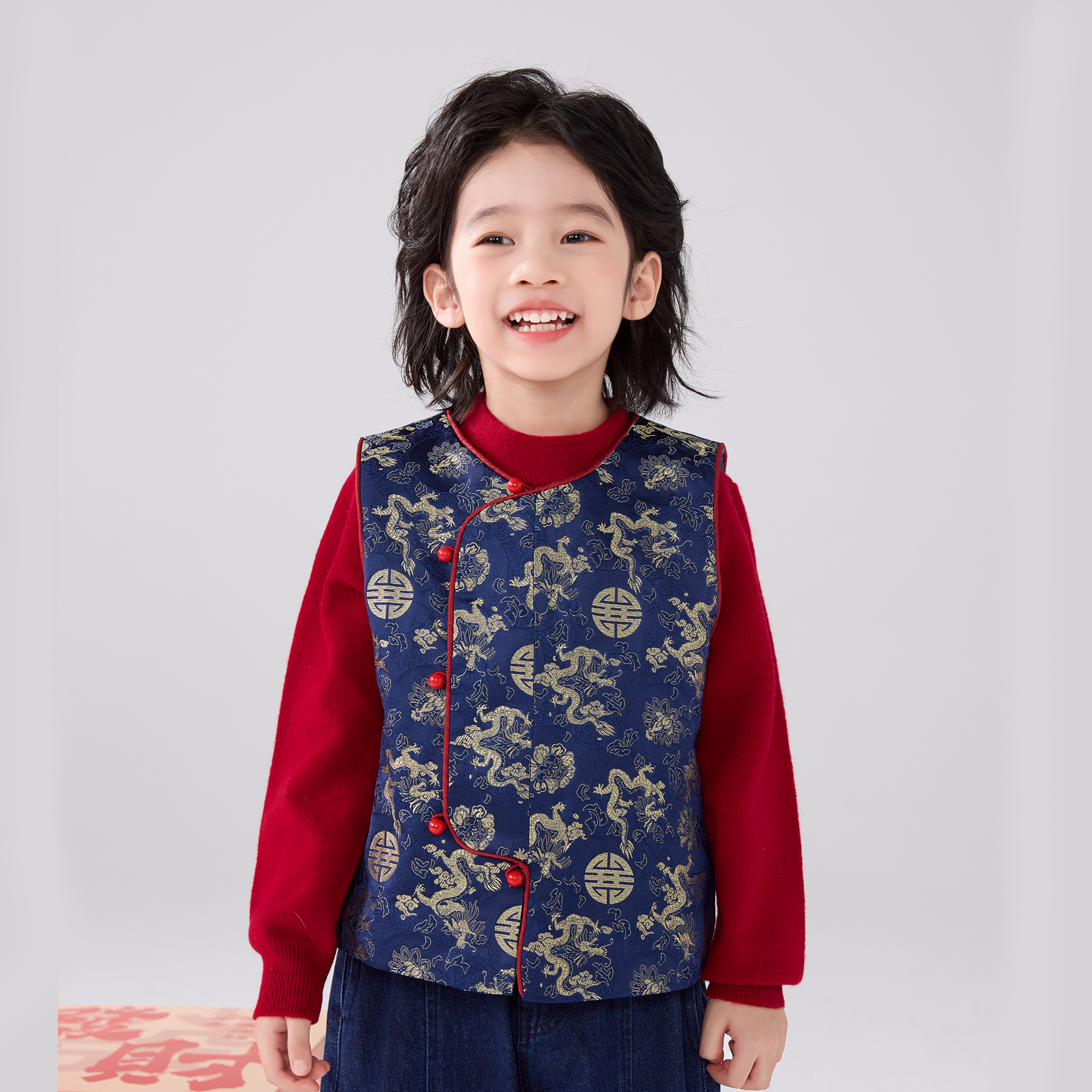 男童中式唐装马甲绒内衬新年演出