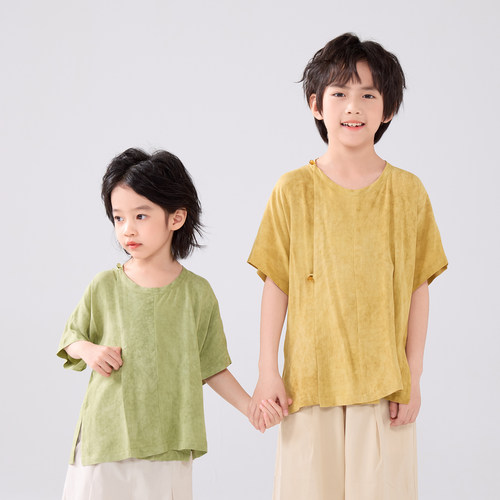 儿童夏季凉爽汉元素半袖｜唐风圆领短衫 男童汉服改良短袖上衣