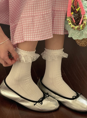 春夏季蝴蝶结中筒袜少女蕾丝花边法式白色袜子搭配小皮鞋无骨棉袜